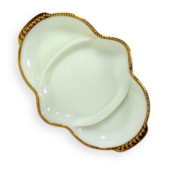 Vintage Fire King Milk Glass Serving Tray Gold Beaded Rim Divided 3 Sections USA - Picture 1 of 7